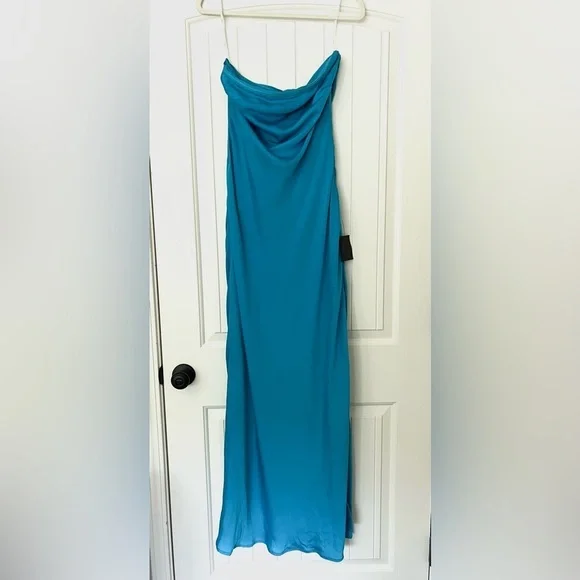 NWT Lulus Exquisite Excellence Turquoise Satin Strapless Maxi Dress - Picture 4 of 11